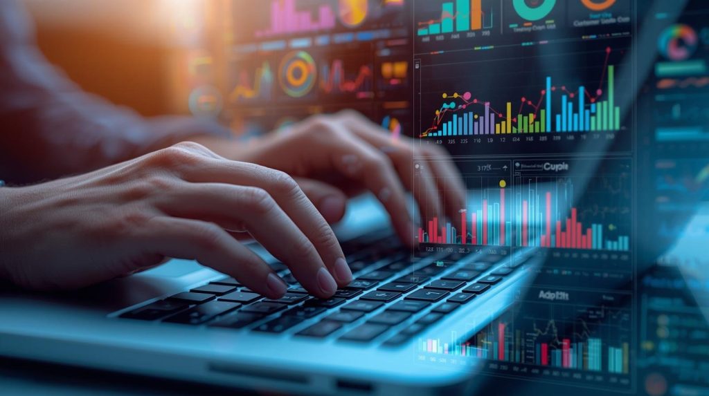 Mains tapant sur un clavier d'ordinateur portable avec des graphiques et des données clients colorés en superposition - mygrowthbox.com