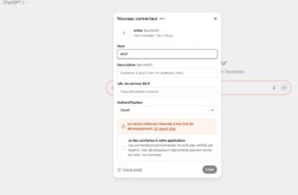 Interface de configuration des serveurs MCP dans ChatGPT montrant les options de connexion et paramètres avancés
